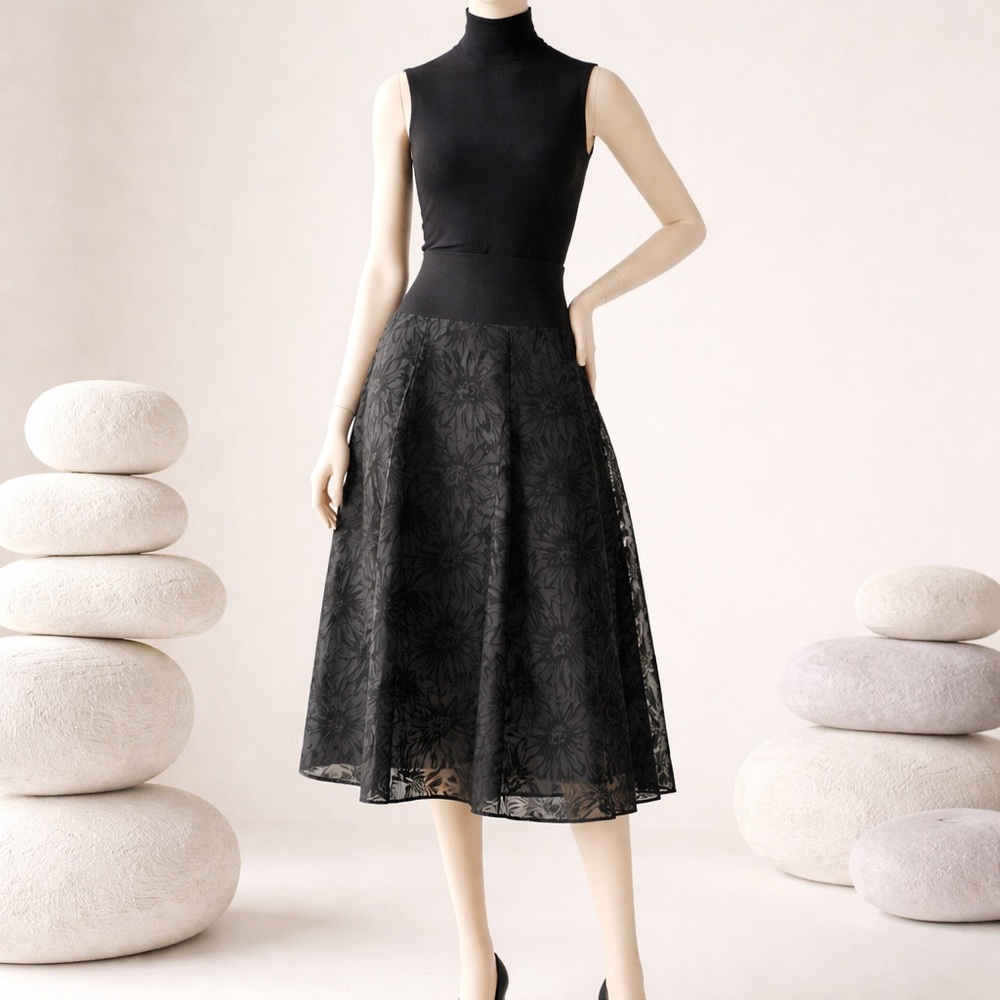 Elegant Black Floral Lace Skirt by Tracy Evans Size L Tall